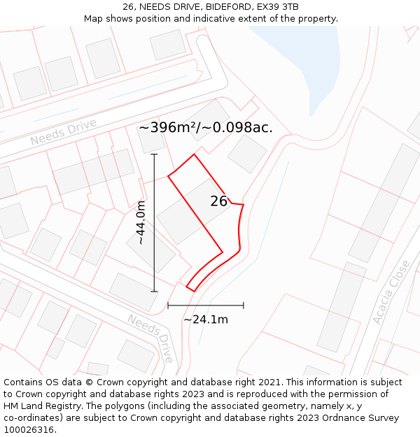 26, NEEDS DRIVE, BIDEFORD, EX39 3TB: Plot and title map