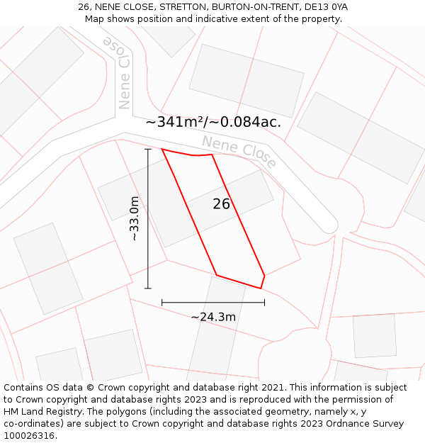 26, NENE CLOSE, STRETTON, BURTON-ON-TRENT, DE13 0YA: Plot and title map