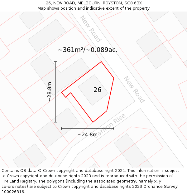 26, NEW ROAD, MELBOURN, ROYSTON, SG8 6BX: Plot and title map