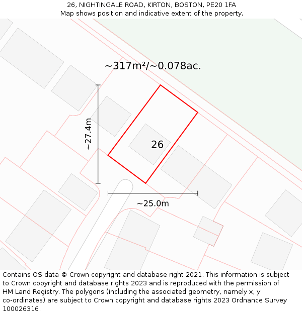 26, NIGHTINGALE ROAD, KIRTON, BOSTON, PE20 1FA: Plot and title map