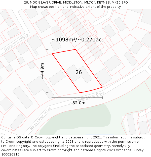 26, NOON LAYER DRIVE, MIDDLETON, MILTON KEYNES, MK10 9FQ: Plot and title map