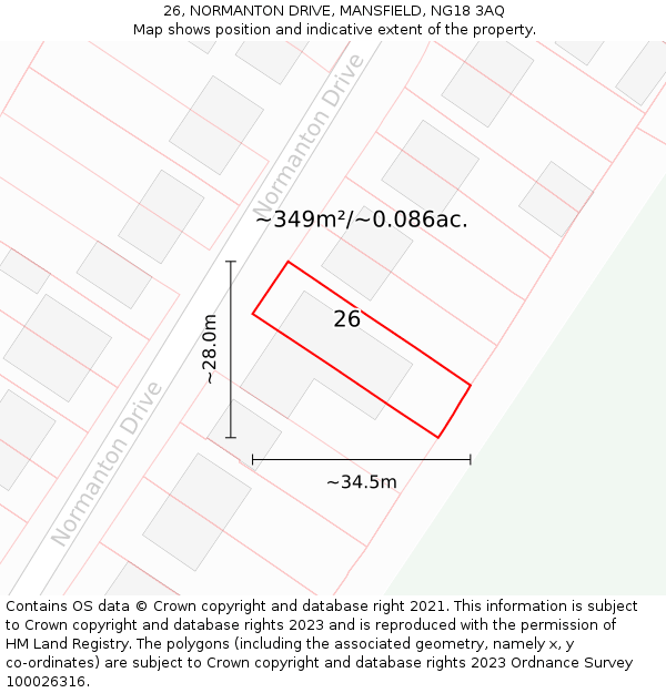 26, NORMANTON DRIVE, MANSFIELD, NG18 3AQ: Plot and title map