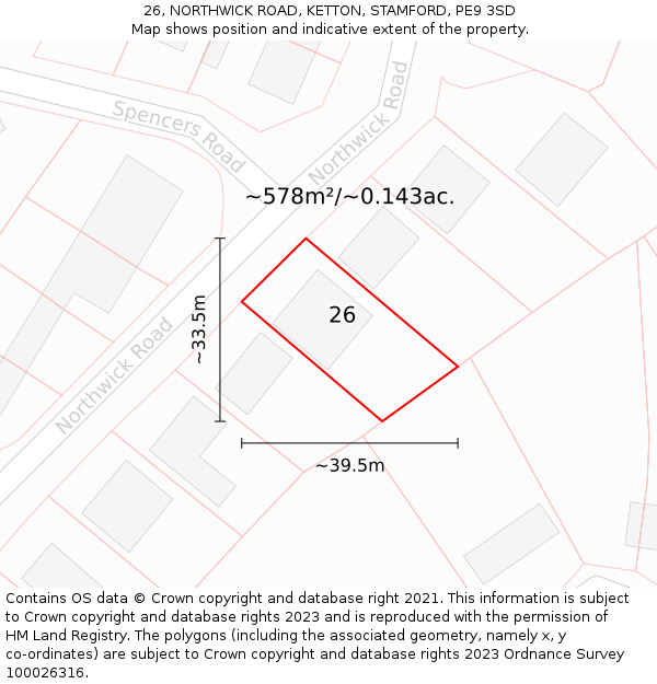 26, NORTHWICK ROAD, KETTON, STAMFORD, PE9 3SD: Plot and title map