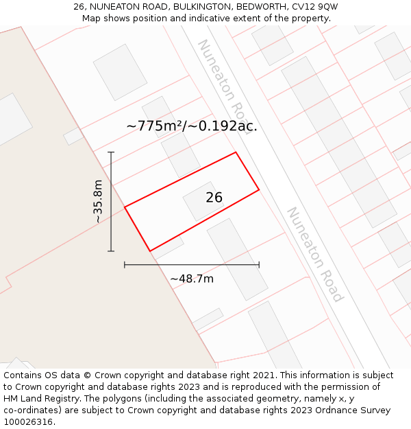 26, NUNEATON ROAD, BULKINGTON, BEDWORTH, CV12 9QW: Plot and title map