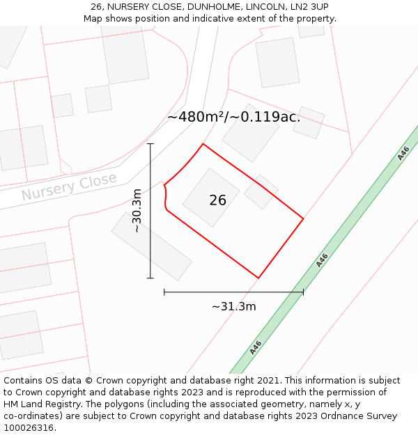 26, NURSERY CLOSE, DUNHOLME, LINCOLN, LN2 3UP: Plot and title map