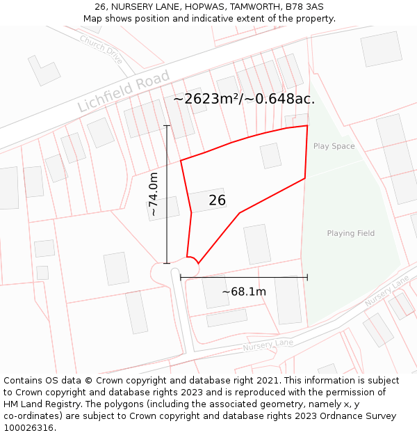 26, NURSERY LANE, HOPWAS, TAMWORTH, B78 3AS: Plot and title map