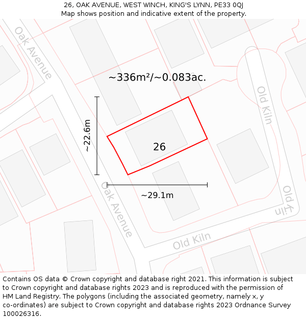 26, OAK AVENUE, WEST WINCH, KING'S LYNN, PE33 0QJ: Plot and title map
