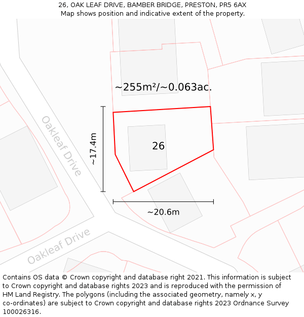 26, OAK LEAF DRIVE, BAMBER BRIDGE, PRESTON, PR5 6AX: Plot and title map