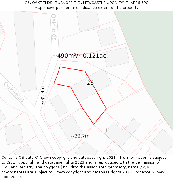 26, OAKFIELDS, BURNOPFIELD, NEWCASTLE UPON TYNE, NE16 6PQ: Plot and title map