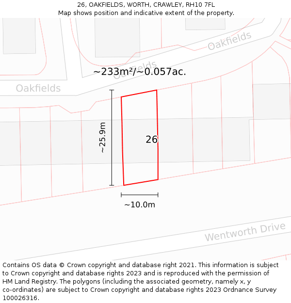 26, OAKFIELDS, WORTH, CRAWLEY, RH10 7FL: Plot and title map