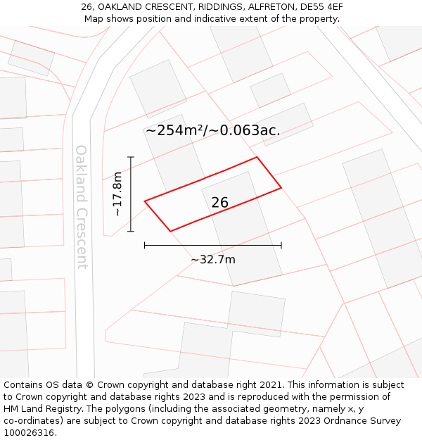 26, OAKLAND CRESCENT, RIDDINGS, ALFRETON, DE55 4EF: Plot and title map