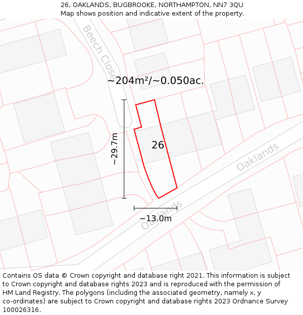 26, OAKLANDS, BUGBROOKE, NORTHAMPTON, NN7 3QU: Plot and title map
