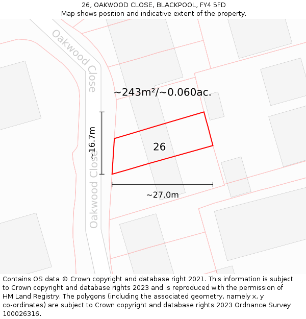 26, OAKWOOD CLOSE, BLACKPOOL, FY4 5FD: Plot and title map