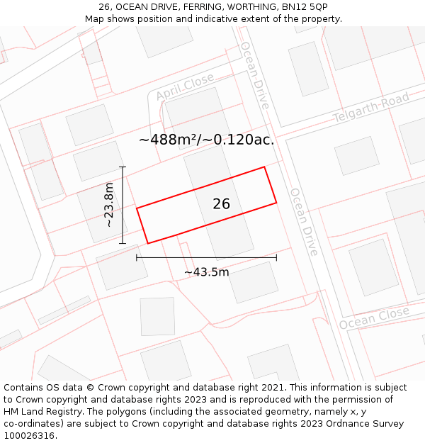 26, OCEAN DRIVE, FERRING, WORTHING, BN12 5QP: Plot and title map