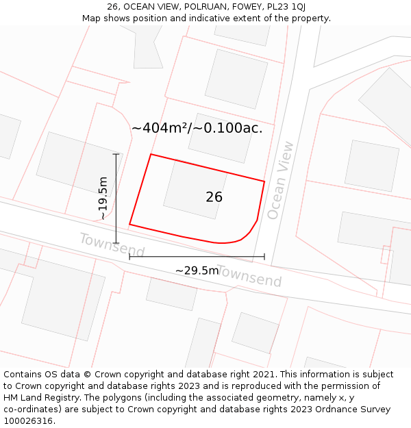 26, OCEAN VIEW, POLRUAN, FOWEY, PL23 1QJ: Plot and title map