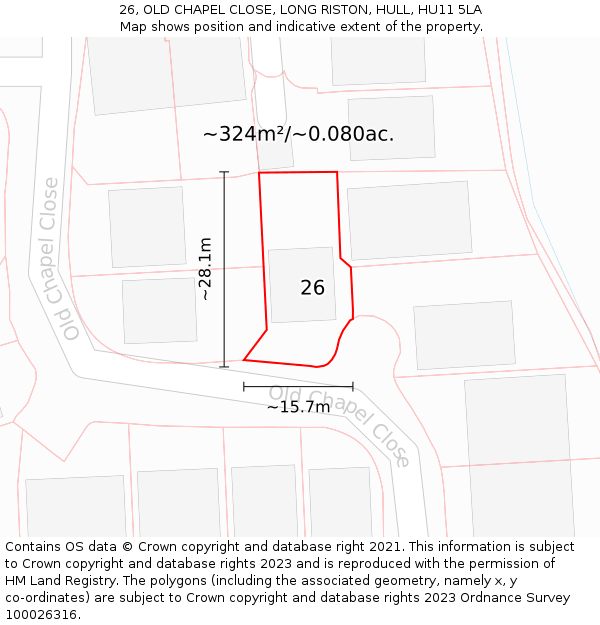 26, OLD CHAPEL CLOSE, LONG RISTON, HULL, HU11 5LA: Plot and title map