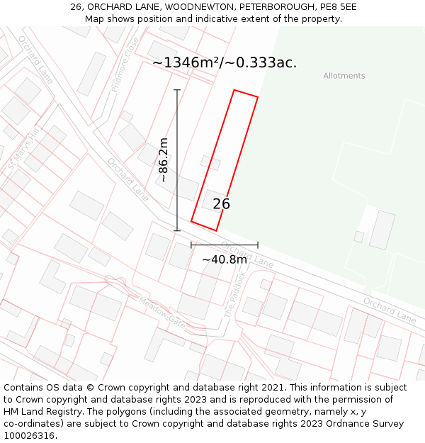 26, ORCHARD LANE, WOODNEWTON, PETERBOROUGH, PE8 5EE: Plot and title map