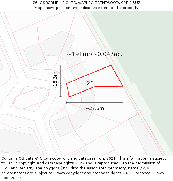 26, OSBORNE HEIGHTS, WARLEY, BRENTWOOD, CM14 5UZ: Plot and title map