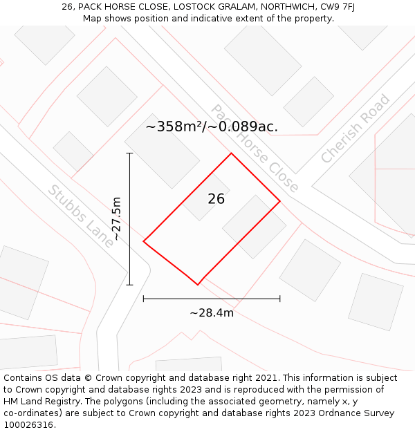 26, PACK HORSE CLOSE, LOSTOCK GRALAM, NORTHWICH, CW9 7FJ: Plot and title map