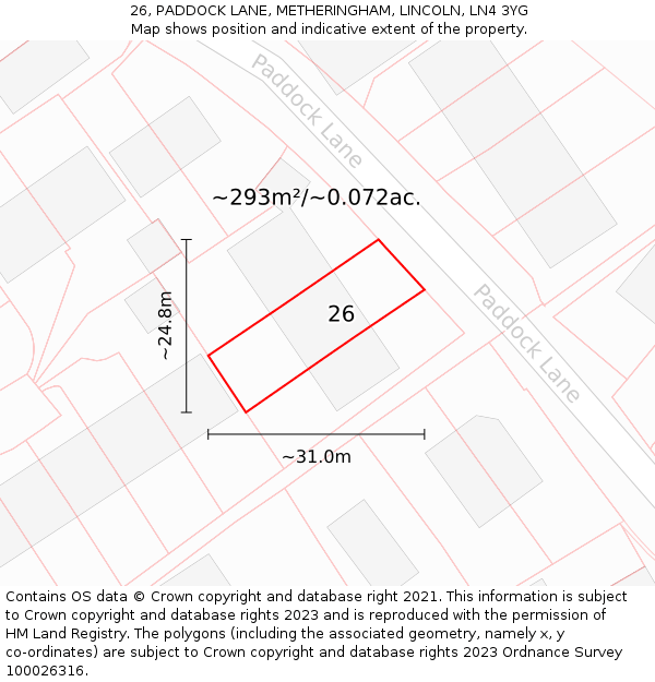 26, PADDOCK LANE, METHERINGHAM, LINCOLN, LN4 3YG: Plot and title map