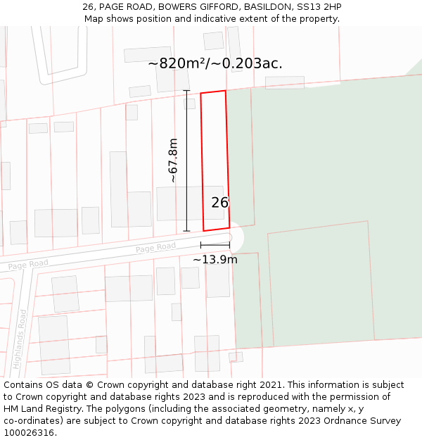 26, PAGE ROAD, BOWERS GIFFORD, BASILDON, SS13 2HP: Plot and title map
