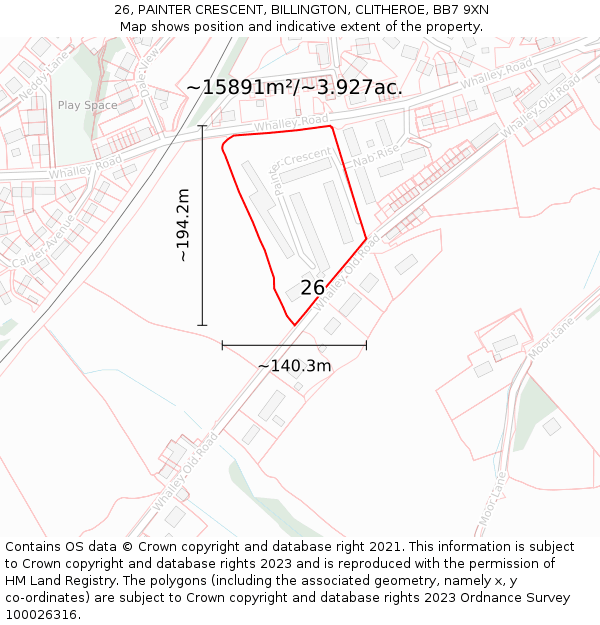 26, PAINTER CRESCENT, BILLINGTON, CLITHEROE, BB7 9XN: Plot and title map