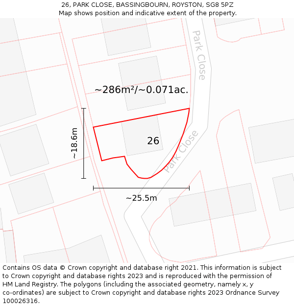 26, PARK CLOSE, BASSINGBOURN, ROYSTON, SG8 5PZ: Plot and title map