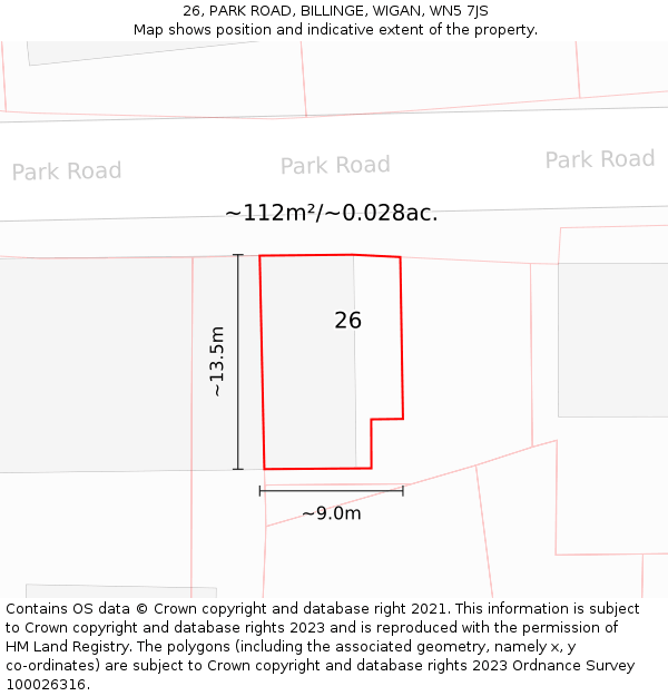 26, PARK ROAD, BILLINGE, WIGAN, WN5 7JS: Plot and title map