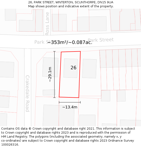 26, PARK STREET, WINTERTON, SCUNTHORPE, DN15 9UA: Plot and title map