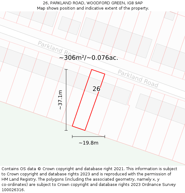 26, PARKLAND ROAD, WOODFORD GREEN, IG8 9AP: Plot and title map