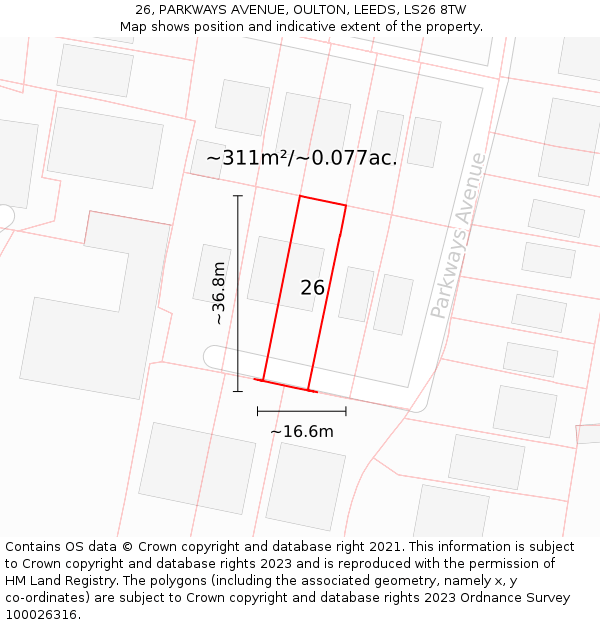 26, PARKWAYS AVENUE, OULTON, LEEDS, LS26 8TW: Plot and title map