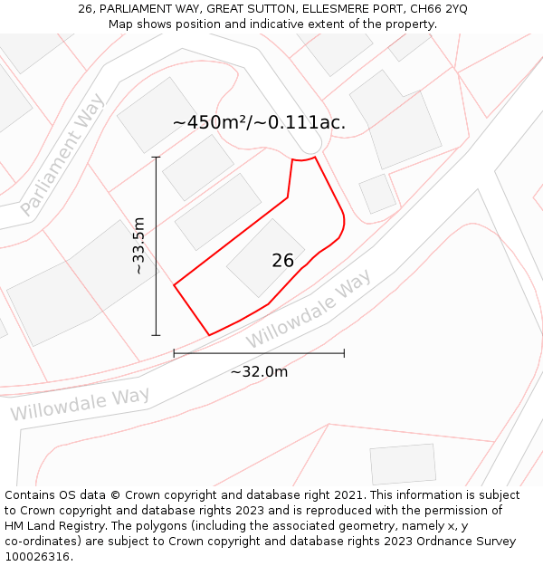 26, PARLIAMENT WAY, GREAT SUTTON, ELLESMERE PORT, CH66 2YQ: Plot and title map