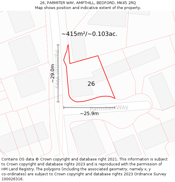 26, PARMITER WAY, AMPTHILL, BEDFORD, MK45 2RQ: Plot and title map