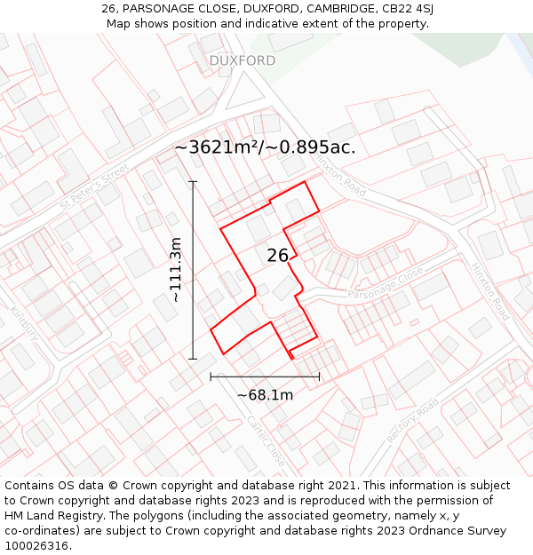26, PARSONAGE CLOSE, DUXFORD, CAMBRIDGE, CB22 4SJ: Plot and title map