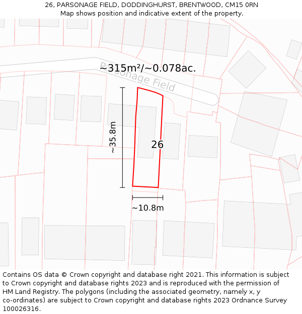 26, PARSONAGE FIELD, DODDINGHURST, BRENTWOOD, CM15 0RN: Plot and title map