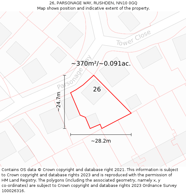 26, PARSONAGE WAY, RUSHDEN, NN10 0GQ: Plot and title map