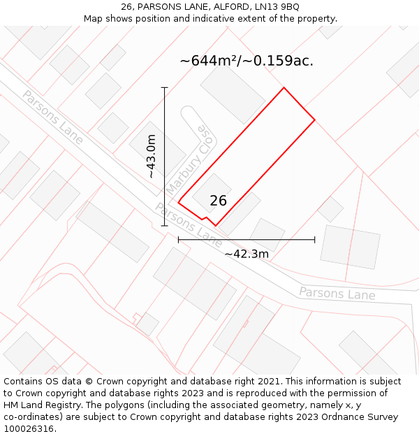 26, PARSONS LANE, ALFORD, LN13 9BQ: Plot and title map