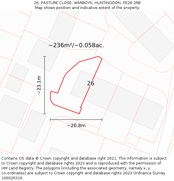 26, PASTURE CLOSE, WARBOYS, HUNTINGDON, PE28 2RB: Plot and title map