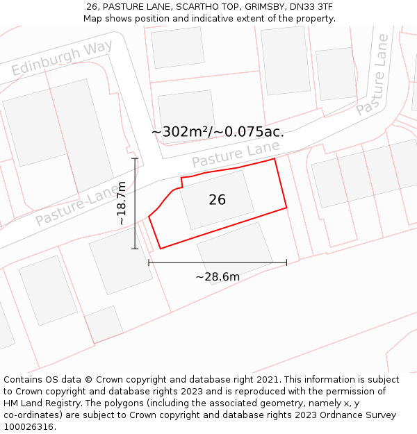 26, PASTURE LANE, SCARTHO TOP, GRIMSBY, DN33 3TF: Plot and title map