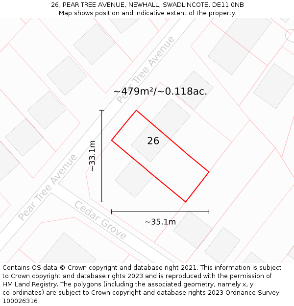 26, PEAR TREE AVENUE, NEWHALL, SWADLINCOTE, DE11 0NB: Plot and title map
