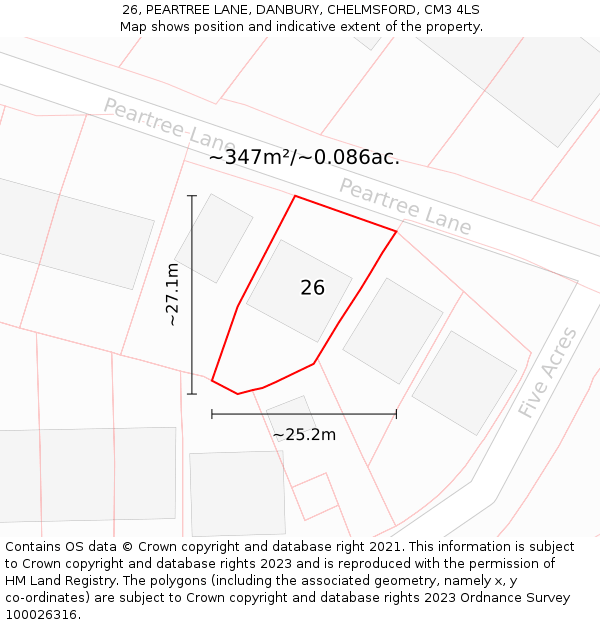 26, PEARTREE LANE, DANBURY, CHELMSFORD, CM3 4LS: Plot and title map