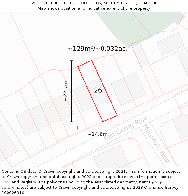 26, PEN CERRIG RISE, HEOLGERRIG, MERTHYR TYDFIL, CF48 1BF: Plot and title map