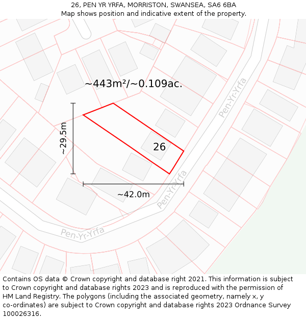 26, PEN YR YRFA, MORRISTON, SWANSEA, SA6 6BA: Plot and title map
