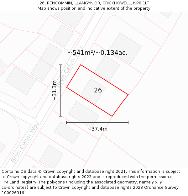 26, PENCOMMIN, LLANGYNIDR, CRICKHOWELL, NP8 1LT: Plot and title map