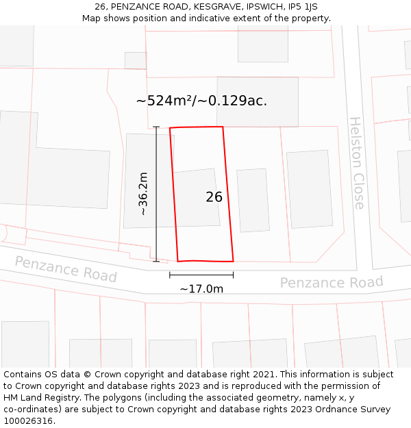 26, PENZANCE ROAD, KESGRAVE, IPSWICH, IP5 1JS: Plot and title map