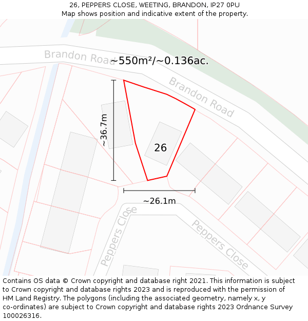 26, PEPPERS CLOSE, WEETING, BRANDON, IP27 0PU: Plot and title map