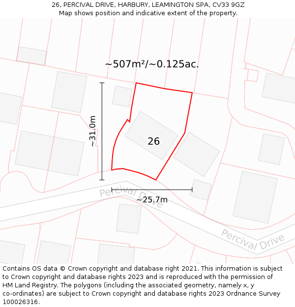 26, PERCIVAL DRIVE, HARBURY, LEAMINGTON SPA, CV33 9GZ: Plot and title map
