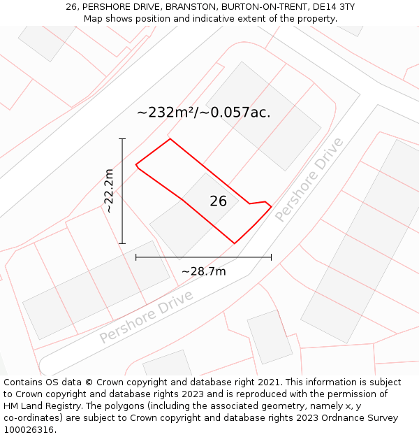 26, PERSHORE DRIVE, BRANSTON, BURTON-ON-TRENT, DE14 3TY: Plot and title map