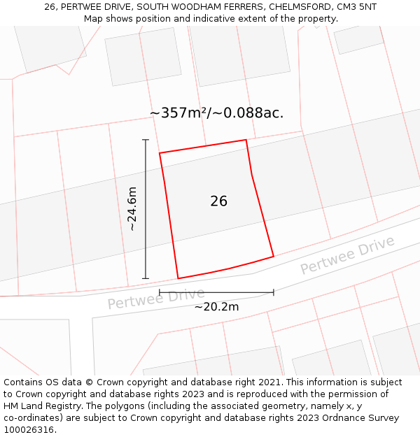 26, PERTWEE DRIVE, SOUTH WOODHAM FERRERS, CHELMSFORD, CM3 5NT: Plot and title map