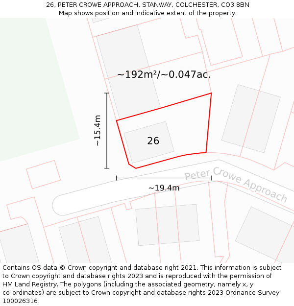 26, PETER CROWE APPROACH, STANWAY, COLCHESTER, CO3 8BN: Plot and title map